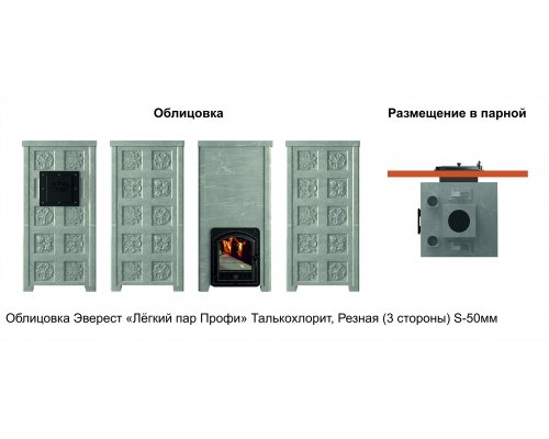 Печь Эверест "Легкий пар Профи" каменка «по-серому», Талькохлорит, S-50 мм, Резная (3 стороны)